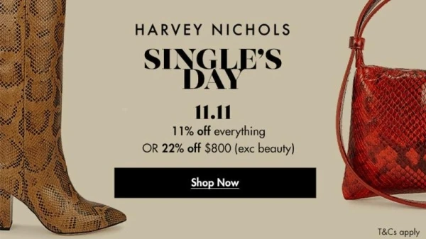 إنّه Singles Day على موقع هارفي نيكلز! حسومات على التصاميم والمنتجات الجمالية