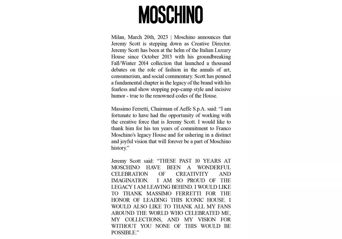 Jeremy Scott يغادر دار Moschino بعد 10 سنوات من الإبداع