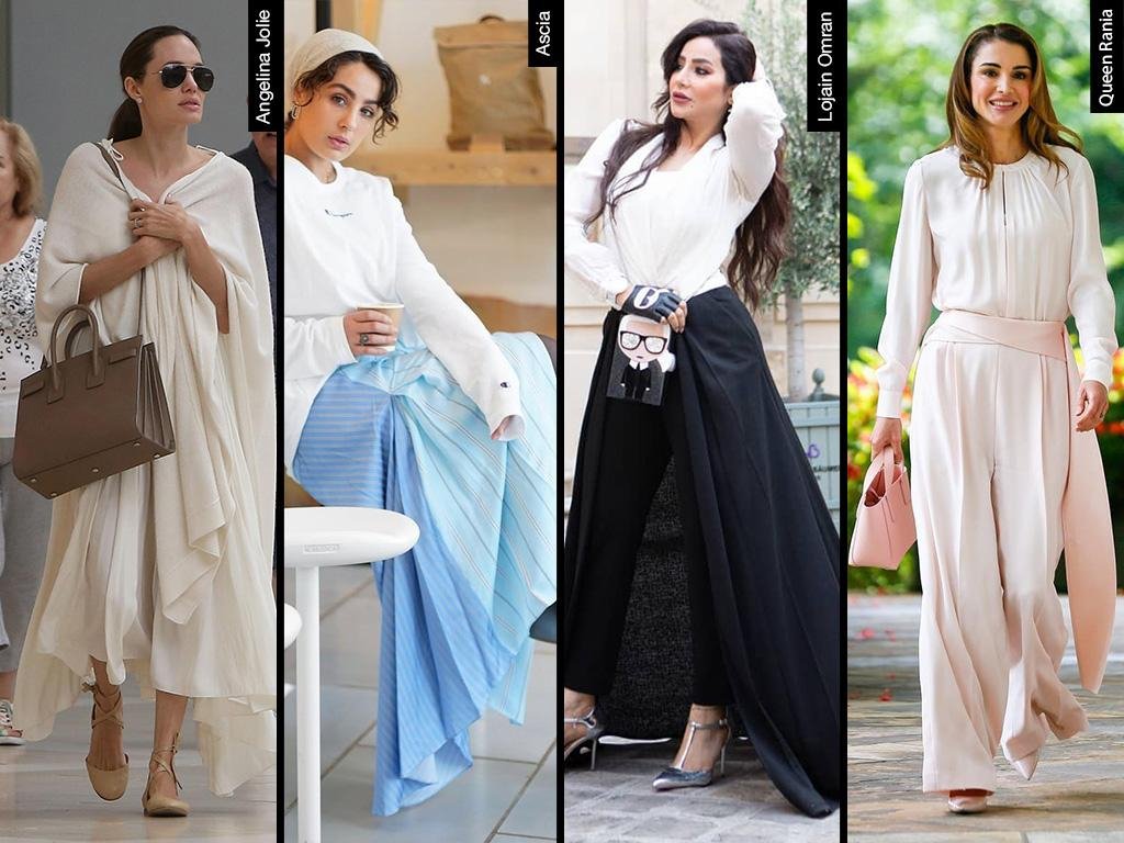 الأزياء المحتشمة الأسلوب المحتشم موضة الملكة رانيا آسيا أنجيلينا جولي لجين عمران