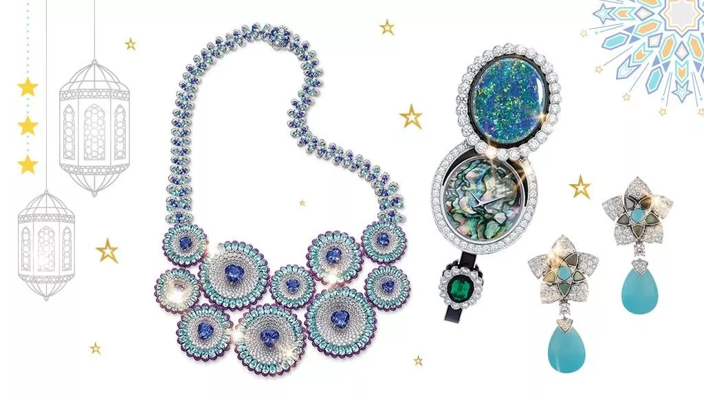صور مجوهرات مع أحجار كريمة زرقاء، لإطلالة ملوكية في رمضان