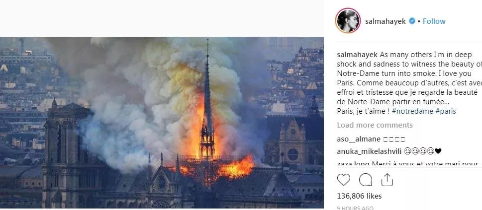 حريق نوتردام: صور مفجعة وتضامن دور الأزياء والنجمات مع هذه الحادثة